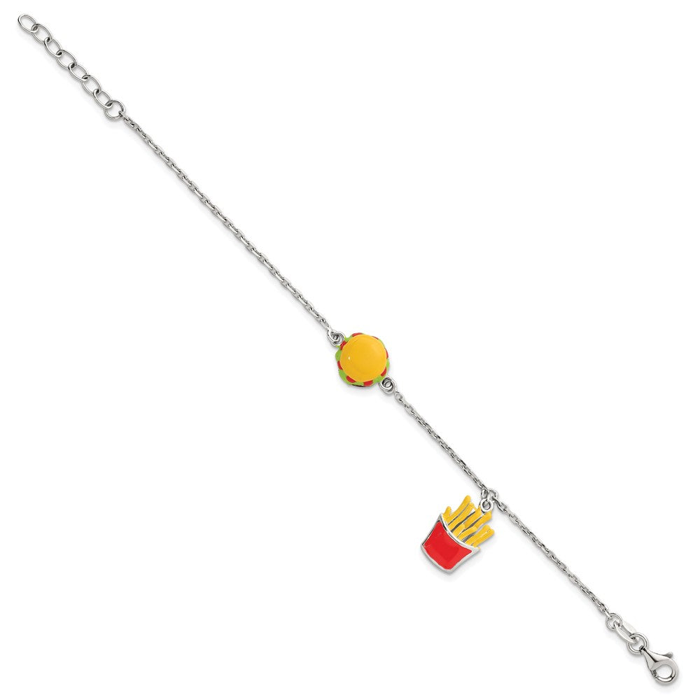 Sterling Silver Enameled Burger and Fries w/ 1in Ext Children's Bracelet