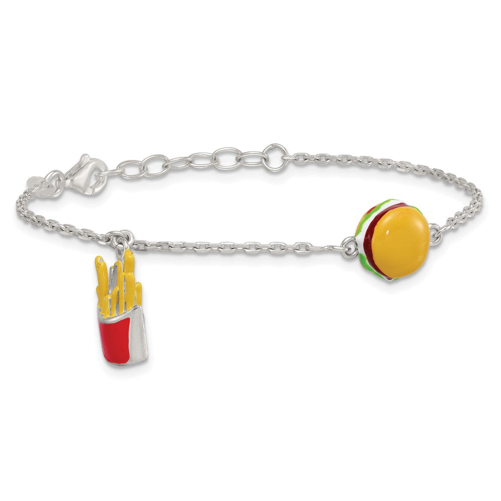 Sterling Silver Enameled Burger and Fries w/ 1in Ext Children's Bracelet