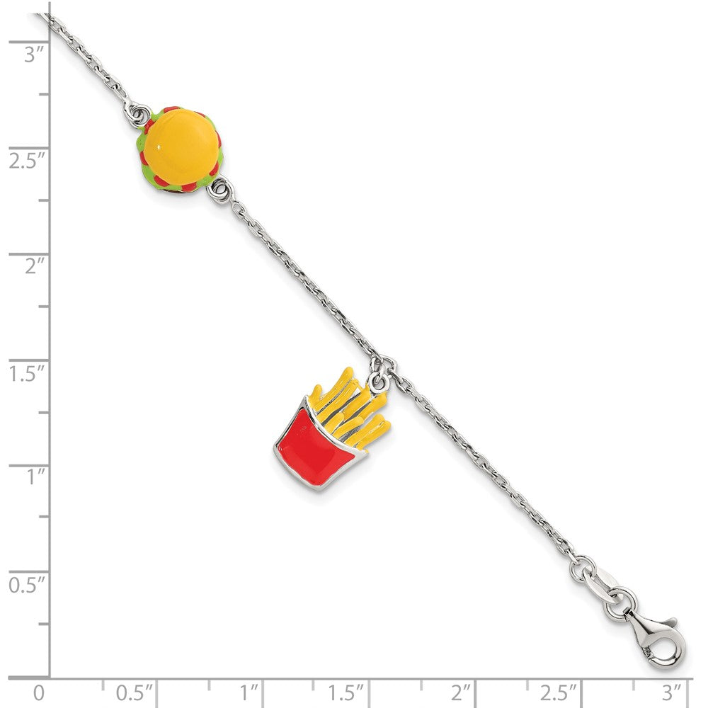 Sterling Silver Enameled Burger and Fries w/ 1in Ext Children's Bracelet