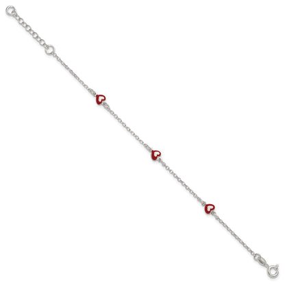 Sterling Silver Polished Red and White Enameled Hearts 6 inch with 1 inch extension Childrens Bracelet