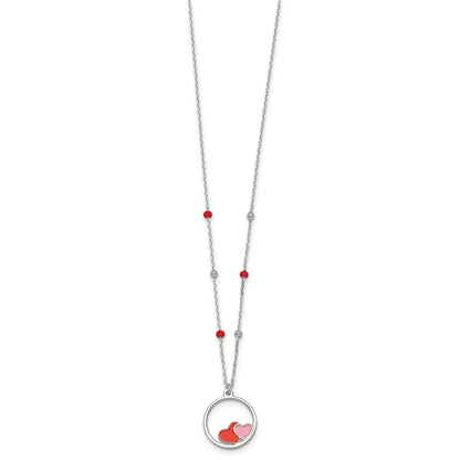 Sterling Silver Polished Beaded Red and Pink Enameled Hearts in Circle Childrens 14 inch Necklace