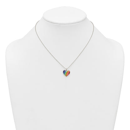 Sterling Silver Polished Rainbow Enameled Heart 16 inch Necklace