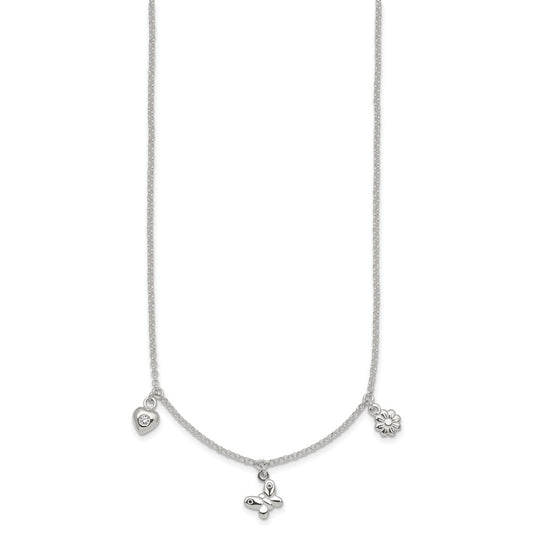 Sterling Silver Polished White CZ Heart/Flower/Butterfly Childrens 14 inch with 1 inch Extension Necklace