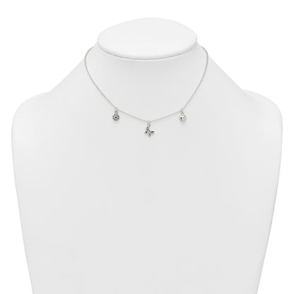 Sterling Silver Polished White CZ Heart/Flower/Butterfly Childrens 14 inch with 1 inch Extension Necklace