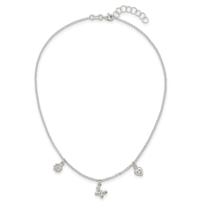 Sterling Silver Polished White CZ Heart/Flower/Butterfly Childrens 14 inch with 1 inch Extension Necklace