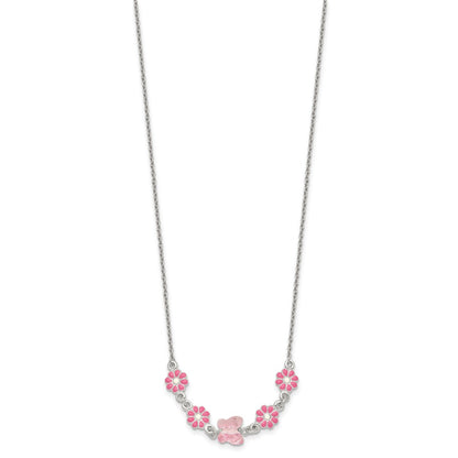 Sterling Silver Polished Pink Enameled Flowers and Pink Glass Butterfly Childrens 14 inch Necklace