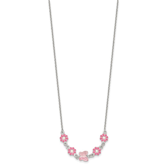 Sterling Silver Polished Pink Enameled Flowers and Pink Glass Butterfly Childrens 14 inch Necklace
