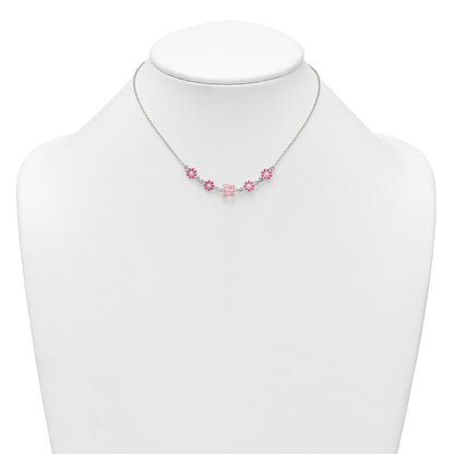 Sterling Silver Polished Pink Enameled Flowers and Pink Glass Butterfly Childrens 14 inch Necklace