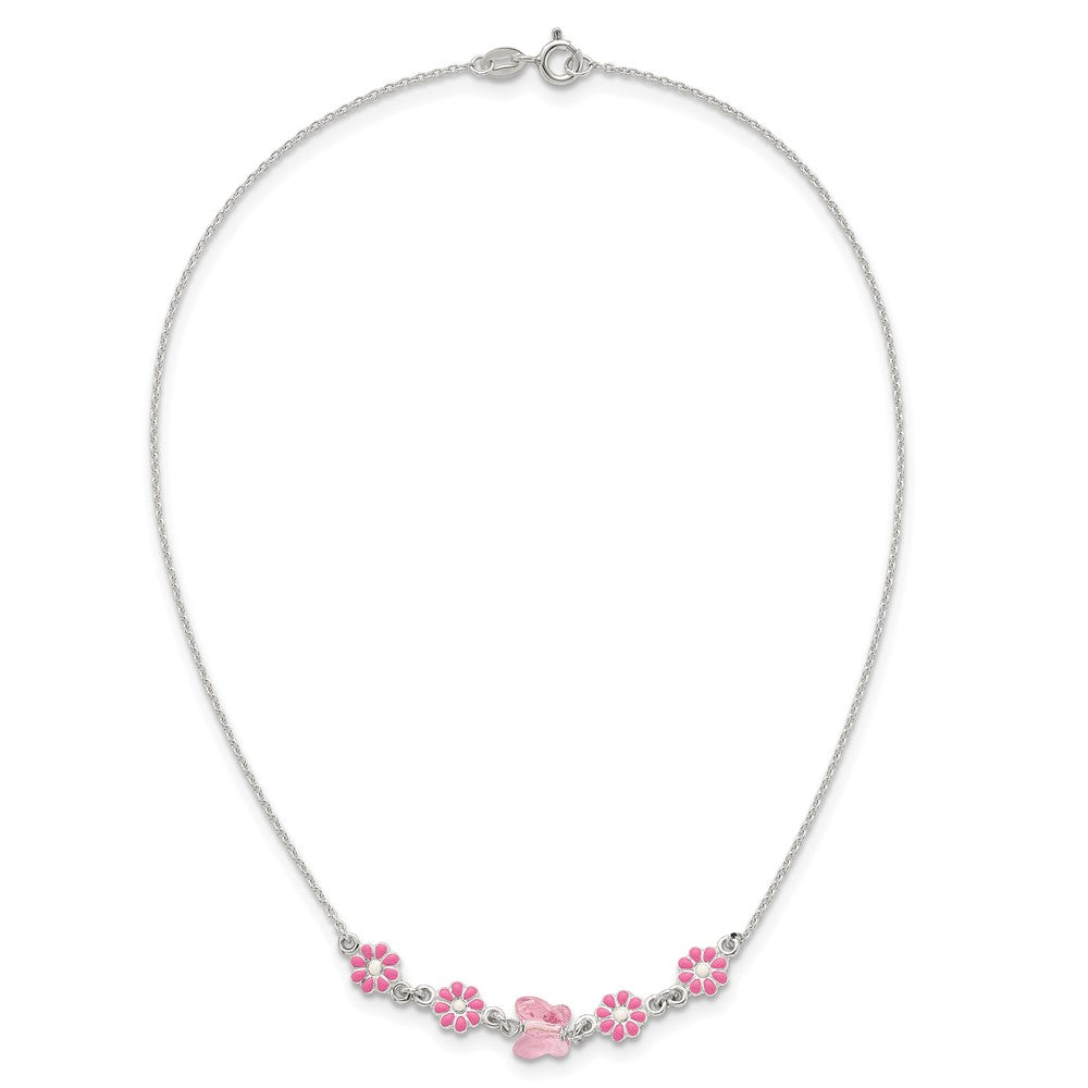 Sterling Silver Polished Pink Enameled Flowers and Pink Glass Butterfly Childrens 14 inch Necklace