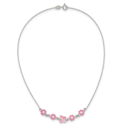 Sterling Silver Polished Pink Enameled Flowers and Pink Glass Butterfly Childrens 14 inch Necklace