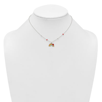 Sterling Silver Polished Beaded Enameled Heart on Rainbow Childrens 14 inch Necklace