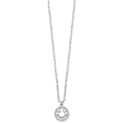 Sterling Silver Polished White CZ Smiley Face with Heart Eyes 16 inch Necklace
