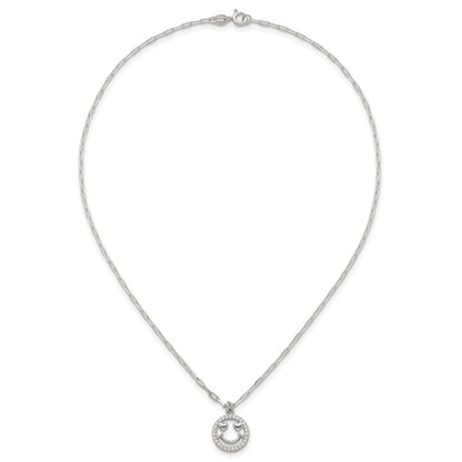 Sterling Silver Polished White CZ Smiley Face with Heart Eyes 16 inch Necklace