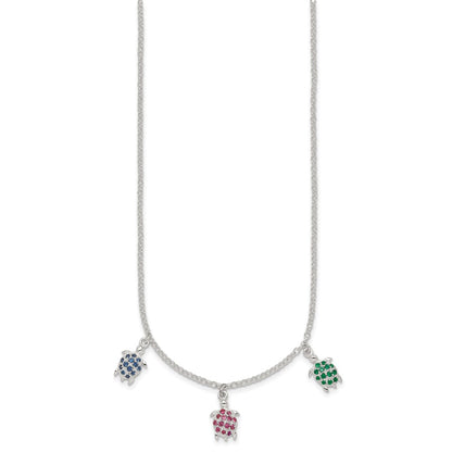 Sterling Silver Polished Green/Red/Blue Nano Crystal Turtles 16 inch Necklace