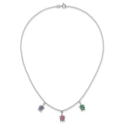 Sterling Silver Polished Green/Red/Blue Nano Crystal Turtles 16 inch Necklace