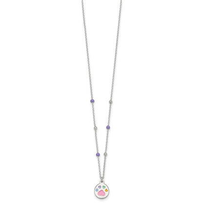 Sterling Silver Polished Beaded Enameled Multi-color Heart Pawprint Childrens 14 inch Necklace