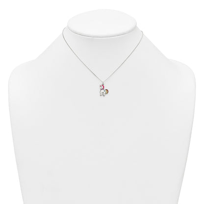 Sterling Silver Polished White and Rainbow Enameled Unicorn Childrens 14 inch Necklace