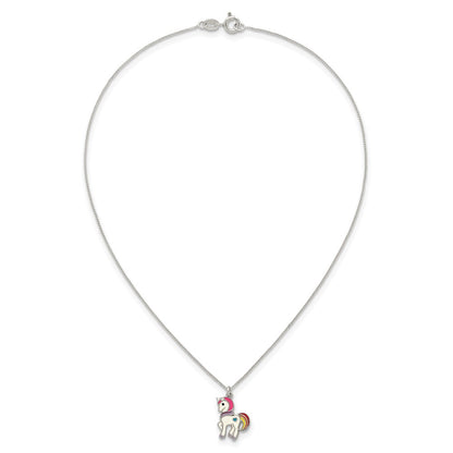 Sterling Silver Polished White and Rainbow Enameled Unicorn Childrens 14 inch Necklace
