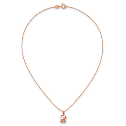 Sterling Silver Rose-tone Polished White and Rainbow Enameled Unicorn Childrens 14 inch Necklace
