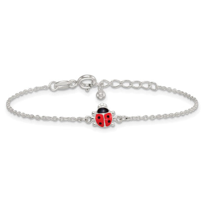 Sterling Silver Polished Red and Black Enameled Ladybug Childrens 5.5 inch with 1 inch Extension Bracelet