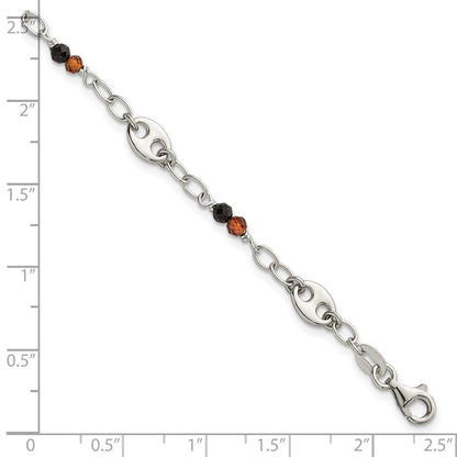 Sterling Silver Polished and Beaded Garnet and Spinel Fancy Link 7.5 inch Bracelet