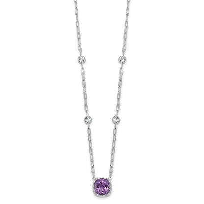 Sterling Silver Rhodium-plated Polished Cushion Amethyst and White Topaz 16 inch with 2 inch Extension Necklace
