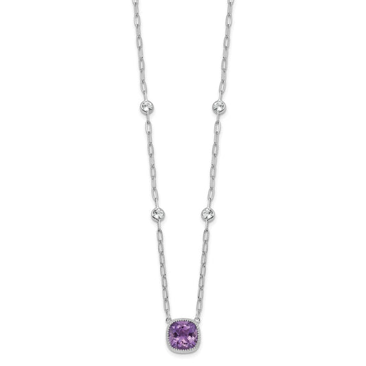 Sterling Silver Rhodium-plated Polished Cushion Amethyst and White Topaz 16 inch with 2 inch Extension Necklace