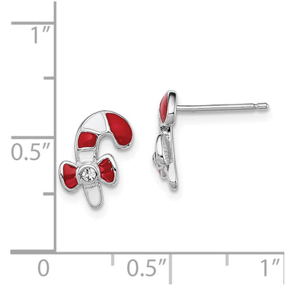Sterling Silver Madi K Rhodium-plated Polished Red & White Enameled & Crystal Candy Cane Children's Post Earrings