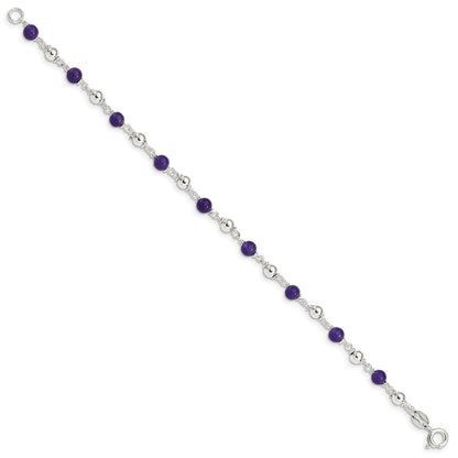 Sterling Silver 7inch Polished Amethyst Beaded Bracelet