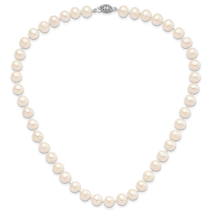 Sterling Silver Rhodium-plated 8-9mm White Near-Round Freshwater Cultured Pearl 24 inch Necklace