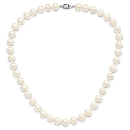 Sterling Silver Rhodium-plated 9-10mm White Near-Round Freshwater Cultured Pearl 20 inch Necklace