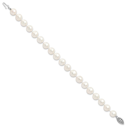Sterling Silver Rhodium-plated 9-10mm White Near-Round Freshwater Cultured Pearl 7.25 inch Bracelet