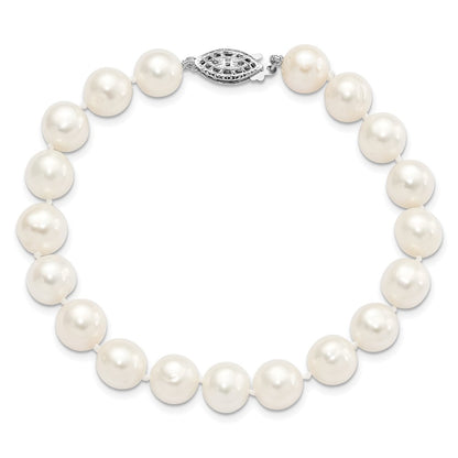 Sterling Silver Rhodium-plated 9-10mm White Near-Round Freshwater Cultured Pearl 7.25 inch Bracelet