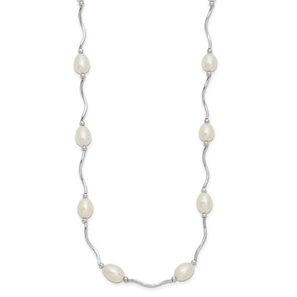 Sterling Silver Rhodium-plated 6-7mm White Rice Freshwater Cultured Pearl 16-Station 18 inch Necklace