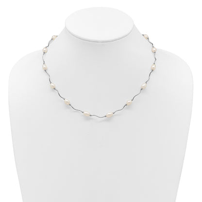 Sterling Silver Rhodium-plated 6-7mm White Rice Freshwater Cultured Pearl 16-Station 18 inch Necklace