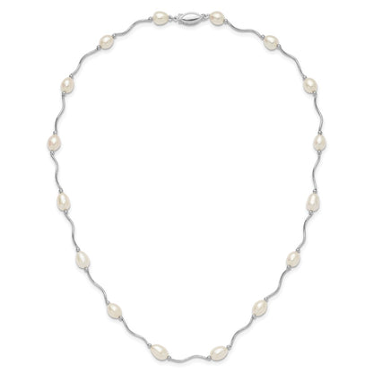 Sterling Silver Rhodium-plated 6-7mm White Rice Freshwater Cultured Pearl 16-Station 18 inch Necklace
