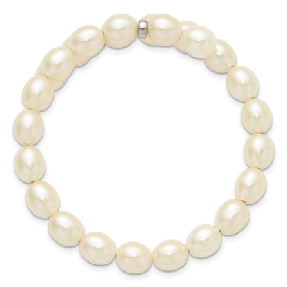 Sterling Silver Rhodium-plated 7-8mm White Rice Freshwater Cultured Pearl Flexible 7.5 inch Bracelet