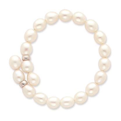 Sterling Silver Rhodium-plated 7-8mm White Rice Freshwater Cultured Pearl Flexible 7.5 inch Bracelet