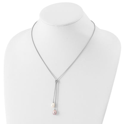 Sterling Silver Rhodium-plated 7-8mm Pink and White Teardrop Freshwater Cultured Pearl Knot 18 inch Necklace and Post Dangle Earrings Set