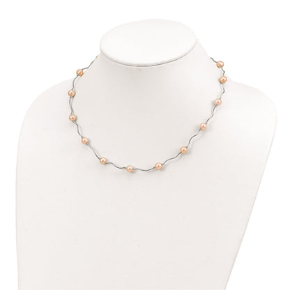 Sterling Silver Rhodium-plated 6-7mm Pink Near-Round Freshwater Cultured Pearl 18-Station 18 inch Necklace
