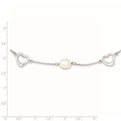 Sterling Silver Rhodium-plated 7-8mm White Teardrop Freshwater Cultured Pearl and Hearts 17 inch with 2 inch Extension Necklace