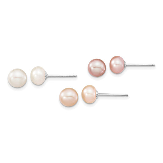 Sterling Silver Rhodium-plated 6-7mm White, Pink and Purple Semi-Round Freshwater Cultured Pearl 18 inch Necklace, 7.25 inch Bracelet and 3-piece Button Post Earrings Set