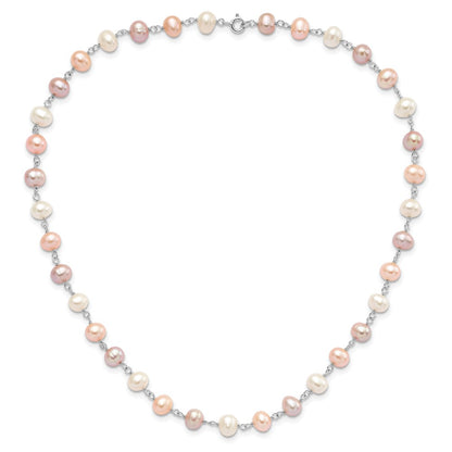 Sterling Silver Rhodium-plated 6-7mm White, Pink and Purple Semi-Round Freshwater Cultured Pearl 18 inch Necklace, 7.25 inch Bracelet and 3-piece Button Post Earrings Set