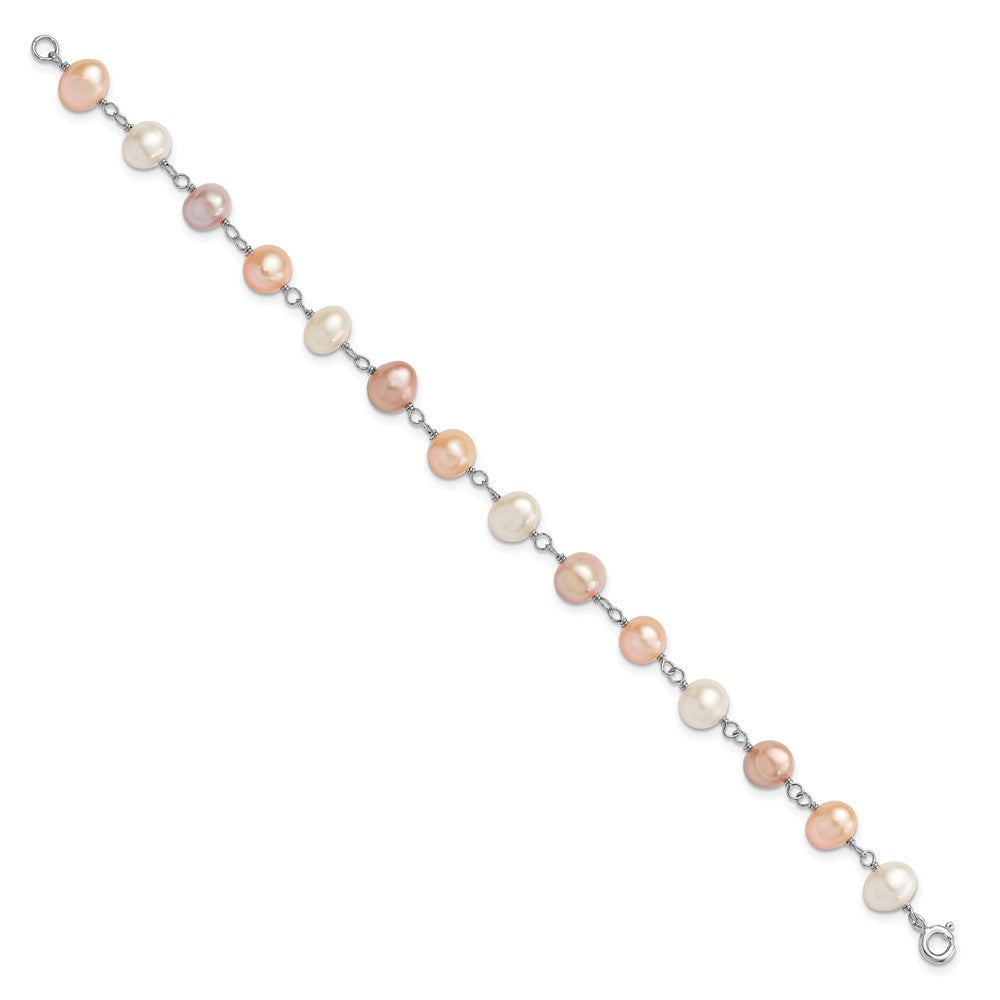 Sterling Silver Rhodium-plated 6-7mm White, Pink and Purple Semi-Round Freshwater Cultured Pearl 18 inch Necklace, 7.25 inch Bracelet and 3-piece Button Post Earrings Set