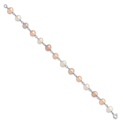 Sterling Silver Rhodium-plated 6-7mm White, Pink and Purple Semi-Round Freshwater Cultured Pearl 18 inch Necklace, 7.25 inch Bracelet and 3-piece Button Post Earrings Set