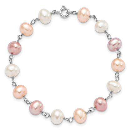 Sterling Silver Rhodium-plated 6-7mm White, Pink and Purple Semi-Round Freshwater Cultured Pearl 18 inch Necklace, 7.25 inch Bracelet and 3-piece Button Post Earrings Set