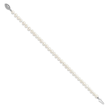Sterling Silver Rhodium-plated 5-6mm White Near-Round Freshwater Cultured Pearl 7.25 inch Bracelet