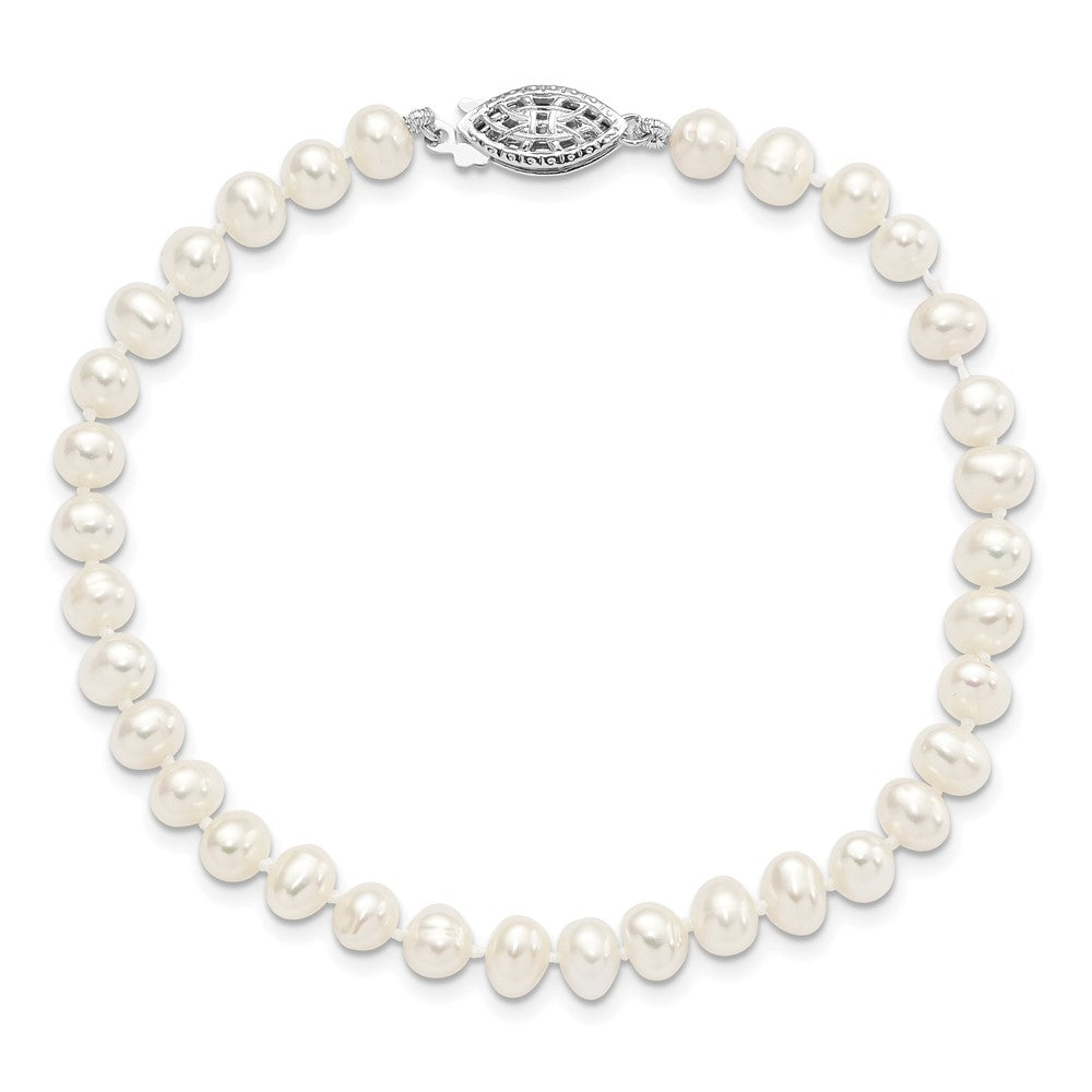 Sterling Silver Rhodium-plated 5-6mm White Near-Round Freshwater Cultured Pearl 7.25 inch Bracelet