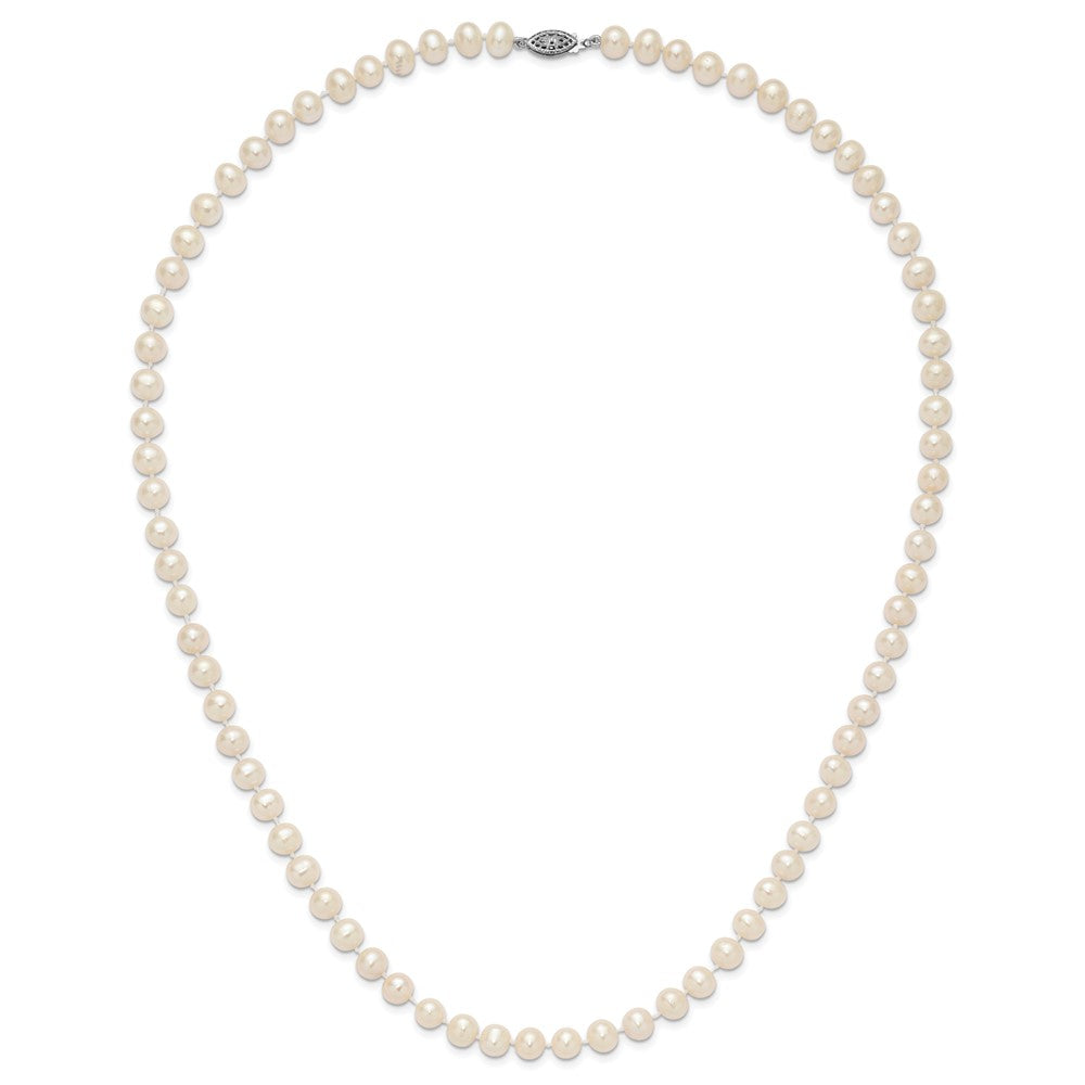 Sterling Silver Rhodium-plated 7-8mm White Near-Round Freshwater Cultured Pearl 24 inch Necklace