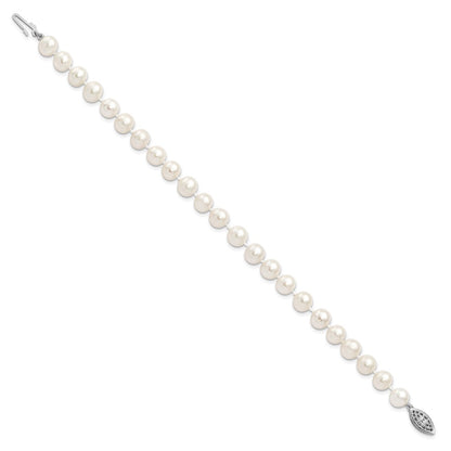 Sterling Silver Rhodium-plated 7-8mm White Near-Round Freshwater Cultured Pearl 7.25 inch Bracelet